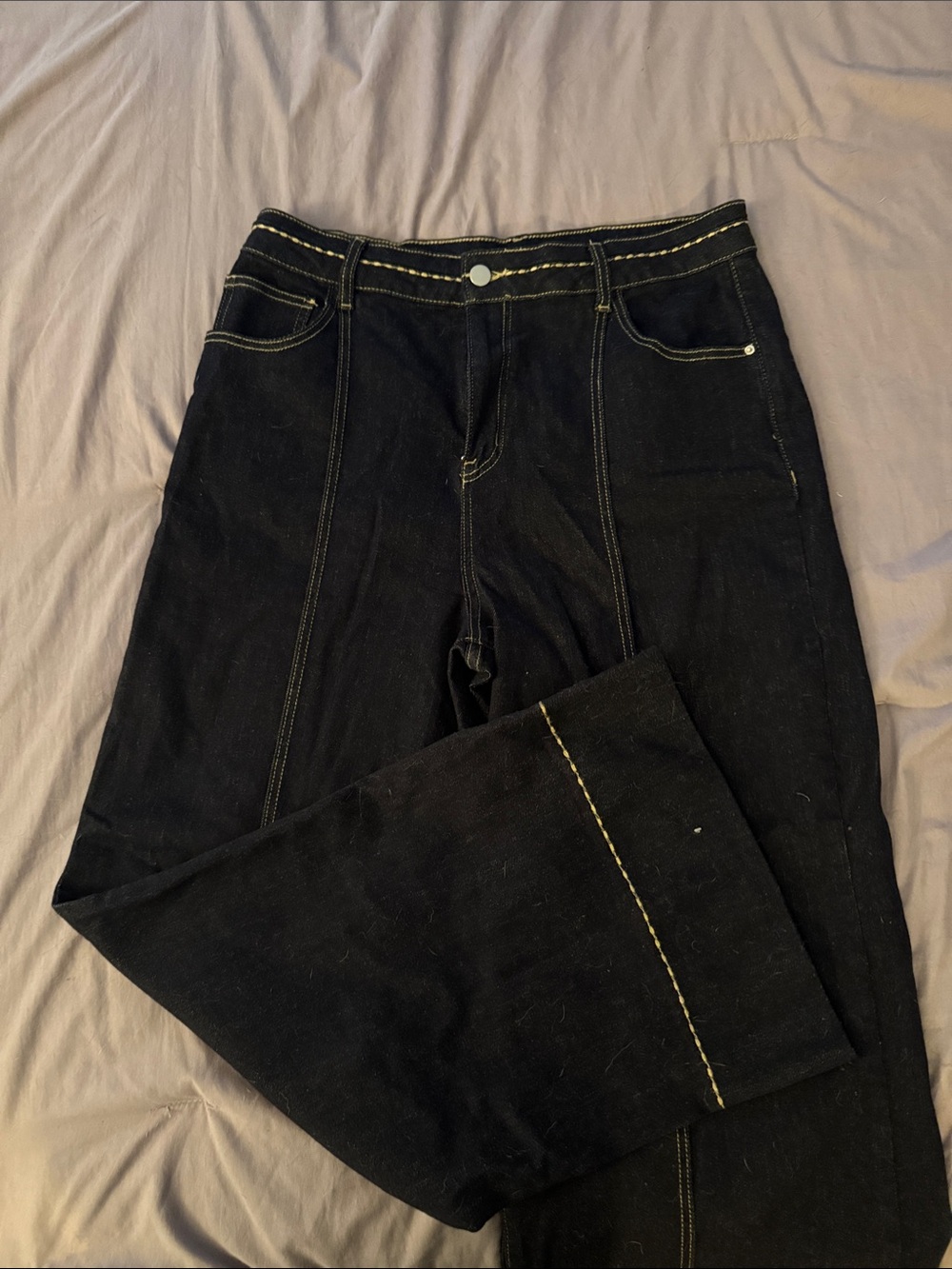Commense Black Flare Jeans with Contrast Yellow Stitching